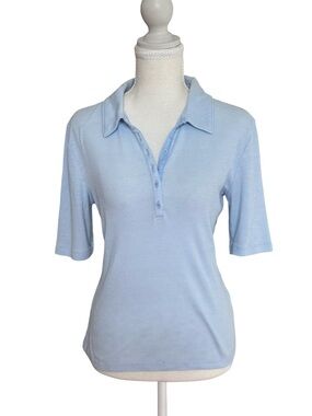 GAP Soft Textured Ribbed Knit Short Sleeve Button Front Polo Shirt Poolside Blue